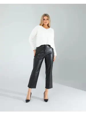 Omarı Siyah Dikiş Detaylı Deri Pantolon