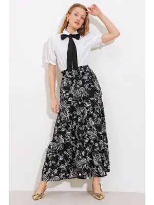 Siyah Desenli Uzun Viskon Etek 1898