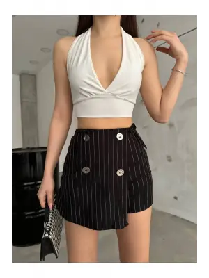 Omarı Elegan Siyah İtalyan Çizgili Şort Etek