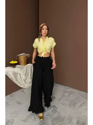 Omarı Fırfırlı Siyah Keten Pantolon