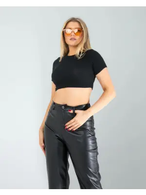 Omarı Siyah Mini Bluz - Fitilli Kaşkorse Detaylı Tasarım