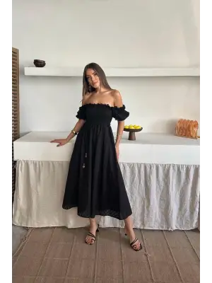 Siyah Gipeli Brode Elbise