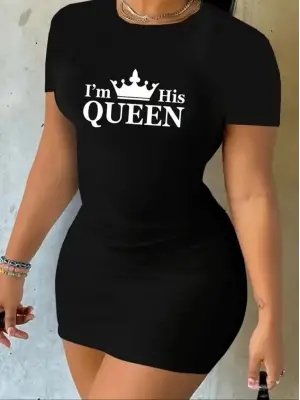 Omarı Etkileyici Kraliçe Baskılı Mini Elbise