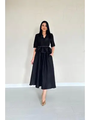 Omarı Şık Siyah Fırfırlı Ceket ve Etek Takımı