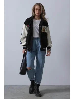 Omarı Deri Biker Ceket - Siyah