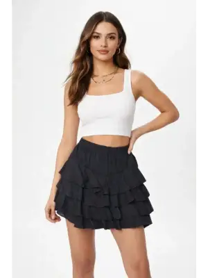 Şık Mini Fırfıtlı Yüksel Bel Etek
