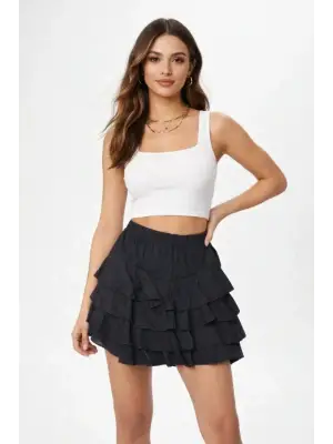 Siyah Katlı Mini Fırfıtlı Etek Lastikli Yüksel Bel, Volanlı Tasarım, Rahat Kalıp, Günlük Ve Şık Kombinelere Uygun Yazlık Etek - Siyah