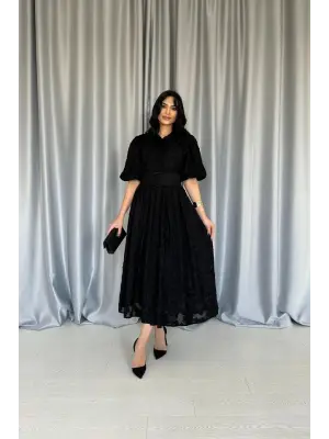 Siyah Kemerli Balon Kollu Elbise