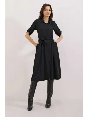 Siyah Kuşaklı Gömlek Elbise 2442