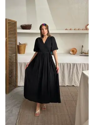 Omarı Siyah Uzun Müslin Elbise