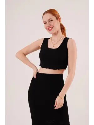 Omarı Örme Detaylı Siyah Takım