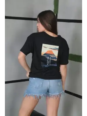 Omarı Bisiklet Desenli Oversize Unisex T-Shirt - Siyah