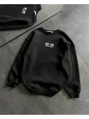 Omarı Şık Baskılı Oversize Sweatshirt - Siyah