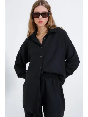 Siyah Oversize Keten Alt Üst Takım 6622