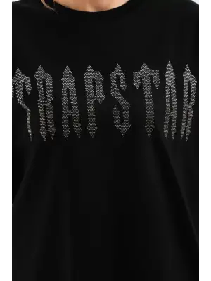 Omarı Siyah Taş Desenli Oversize T-Shirt