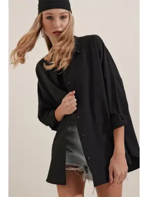 Siyah Oversize Uzun Basic Gömlek 3900