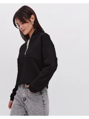 Omarı Siyah Oversize Yarım Fermuarlı Basic Sweatshirt