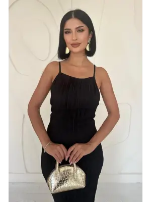 Omarı Siyah Piliseli V Yaka Elbise