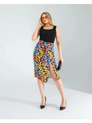 Omarı Siyah Şal Detaylı Yandan Yırtmaçlı Etek Stili