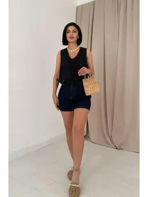 Siyah Sıfır Kol Brode Bluz