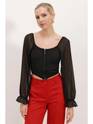 Siyah Şifon Önü Fermuarlı Bluz 0496