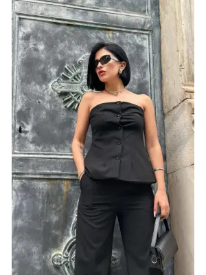 Omarı Siyah Straplez Düğmeli Takım Seti