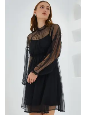 Siyah Tül Detaylı Mini Elbise 2485