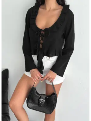 Omarı Siyah Keten Uzun Kol Bluz