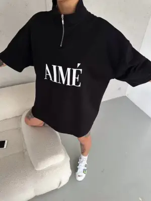 Omarı Baskılı Yarım Fermuarlı Unisex T-Shirt - Siyah