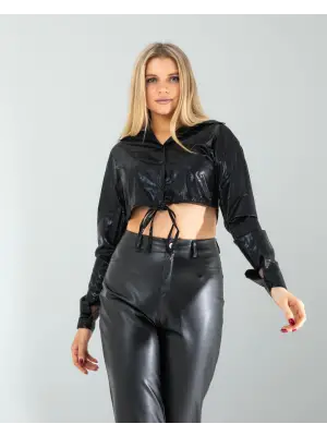 Omarı Parlak Siyah Yılan Desenli Beli Bağlamalı Gömlek