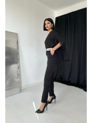 Omarı Büyüleyici Yırtmaçlı Siyah Tulum