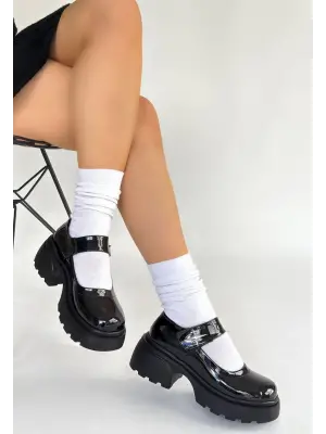 Siyah Rugan Dolgu Topuk Oxford Ayakkabı Kadın Ayakkabı