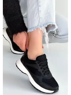 Slar Siyah Cilt Simli Bağcıklı Spor Ayakkabı