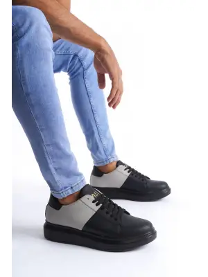 Omarı Hafif ve Konforlu Cilt Süet Erkek Günlük Sneaker Ayakkabı - Siyah/Gri