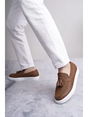 Omarı Püsküllü Cilt Erkek Günlük Spor Ayakkabı - Taba