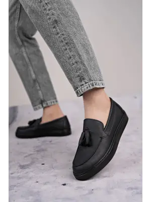 Omarı Püsküllü Siyah Cilt Erkek Günlük Ayakkabı