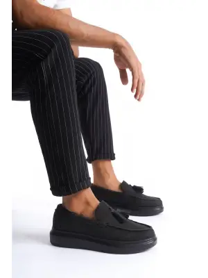 Omarı Püsküllü Keten Erkek Spor Ayakkabı - Siyah