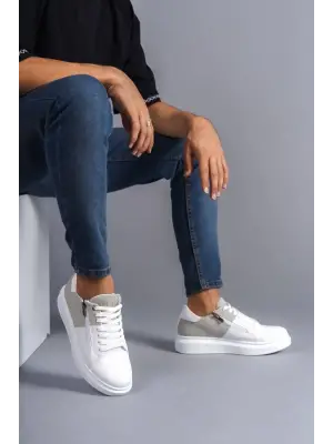 Omarı Fermuarlı ve Bağcıklı Erkek Günlük Sneaker Ayakkabı - Beyaz/Gri