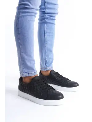 Omarı Cilt Kapitone Desenli Erkek Sneaker Ayakkabı - Siyah