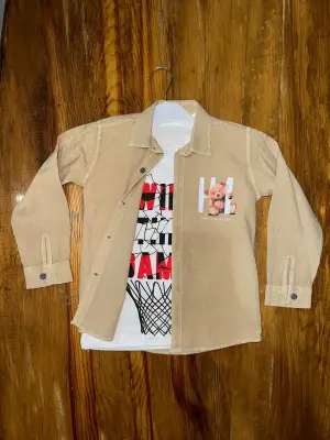 Omarı Çocuklar için Şık Vizon Renkli 4-8 Yaş Tişört ve Gömlek Kombini