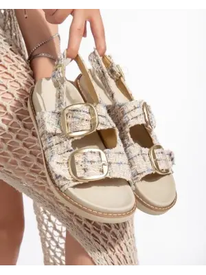 Omarı İnce Topuklu Bej Simli Sandalet