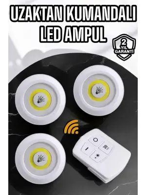 Spot Lamba Led Işık 3lü Uzaktan Kumandalı Pilli Yapışkanlı Kablosuz