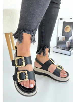 Siyah Cilt Sandalet Kadın Ayakkabı