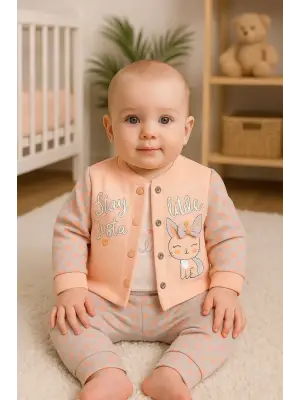 Stay Little Puan Desenli 3lü Hırkalı Kız Bebek Takım