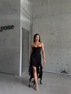 STRABLEZ SANDY ELBİSE YANLARI KATLI - Siyah