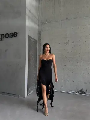 STRABLEZ SANDY ELBİSE YANLARI KATLI - Siyah