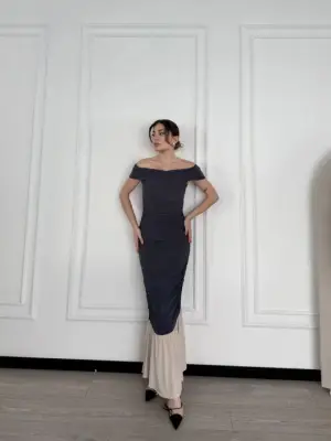 Omarı Omuzlu Uzun Elbise - Trend Renk Füme