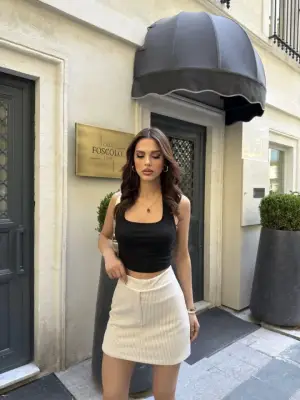 Bej Çizgili Mini Boy Etek Kadın Giyim