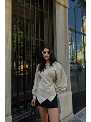 Omarı Şık SÜET Kruvaze Bluz - Bağlama Detaylı Taş Rengi