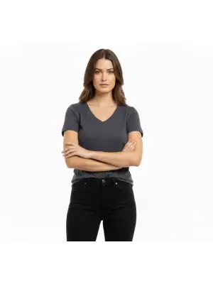 T-Shirt V Yaka Slim Fit Likralı Tişört Günlük Basic Body - Füme